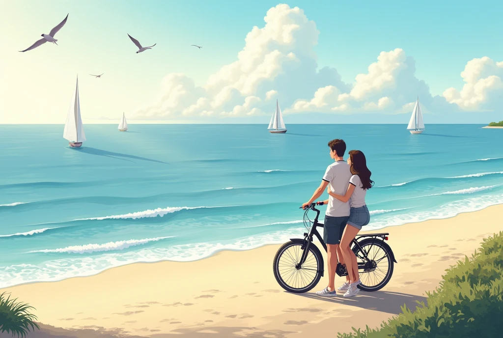 Give me a soothing picture of a couple with cycle beside the seashore