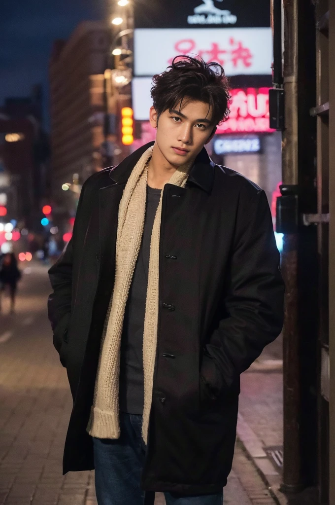 Photorealsitic, 8K full body poster, a handsome, a 2 man, A charming expression, detailed face details, TOKYOcty, Winters, Shibuya in the background