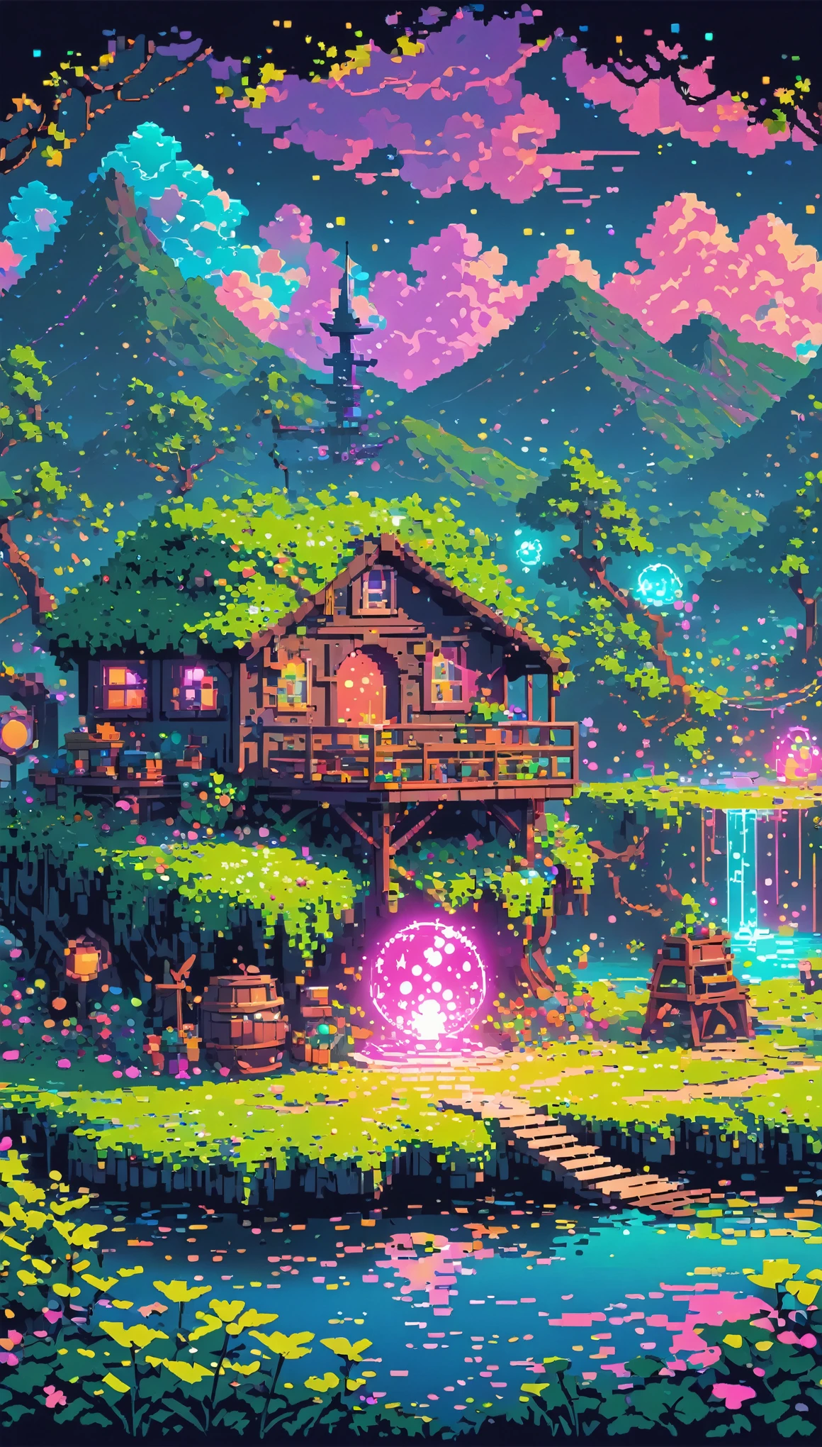 dark neon Magical Witch pixel ,landscape, No people, workshop