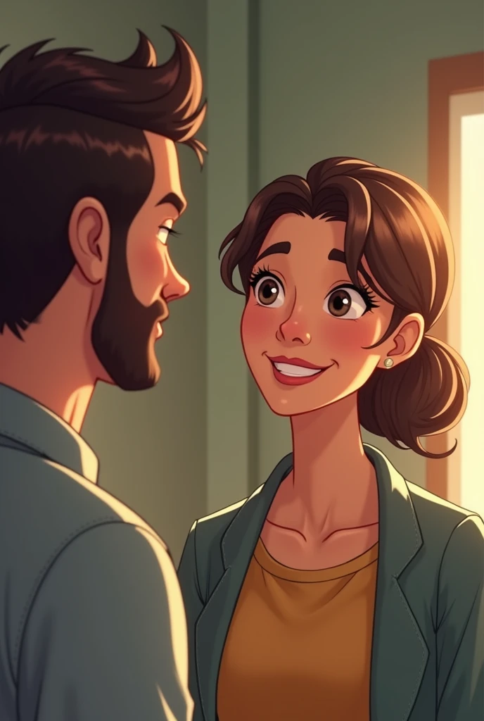 The wife, standing nearby with a calm yet mischievous smile on her face, is preparing to deliver her witty reply. Her expression shows she knows something he doesn’t.
