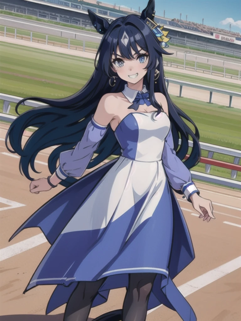 Sharpen effect、masterpiece, best quality, 独奏, 1girl, verxina, grin, looking at viewer, running, hair ornament, horse ears, v-shaped eyebrows, white jacket, blue dress, strapless dress, detached collar, single sleeve, wrist cuffs, skirt, pantyhose, horse tail, earrings, outdoors, racetrack