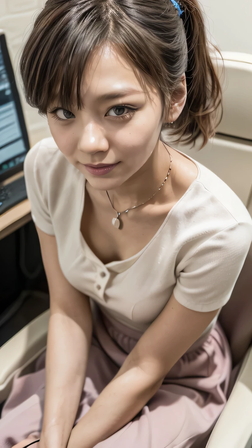 (Woman sitting on chair in office:1.3、Working)、(Realistic、Like a photograph、Live Action、8k, Realistic, RAW Photos, Best image quality: 1.4), Single-lens reflex camera、RAW Photos, Highest quality, Realistic, Very detailed CG Unity 8k wallpaper, Written boundary depth, Cinematic Light, Lens flare, Ray Tracing, Realistic background、(Frilled blouse:1.2、(Wearing a tight, long skirt:1.5、Small breasts)、((Wear a name tag around your neck)))、((Ultra-dense skin))、 Working Japanese Office Lady、((whole body:1.5)，View the computer:1.1、smile、(Medium Hair、Short Ponytail:1.3)、I like that style、stylish、Very detailed、Pay attention to the details、Perfect outfit、(Sunburned skin)、Beautiful legs:1.1，Anatomically correct body、Accurate Fingers、Sitting、(View from above、View from the seat next to you)