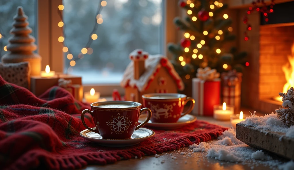 a cozy winter scene, mugs of hot coffee, intricate christmas ornaments, warm fireplace, twinkling string lights, snowy pine trees, gingerbread house, stacks of holiday presents, festive garlands, candles flickering, plush throw blankets, (best quality,4k,8k,highres,masterpiece:1.2),ultra-detailed,(realistic,photorealistic,photo-realistic:1.37),highly detailed,cinematic lighting,warm color palette,christmas aesthetic,holiday vibes,cozy and inviting