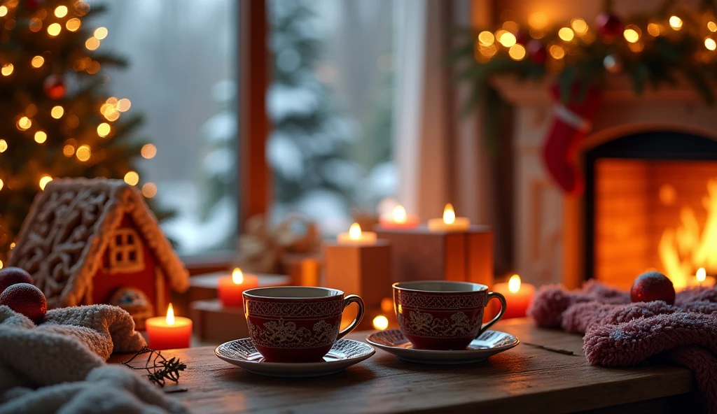 a cozy winter scene, mugs of hot coffee, intricate christmas ornaments, warm fireplace, ling string lights, snowy pine trees, gingerbread house, stacks of holiday presents, festive garlands, candles flickering, plush throw blankets, (best quality,4k,8k,highres,masterpiece:1.2),ultra-detailed,(realistic,photorealistic,photo-realistic:1.37),highly detailed,cinematic lighting,warm color palette,christmas aesthetic,holiday vibes,cozy and inviting