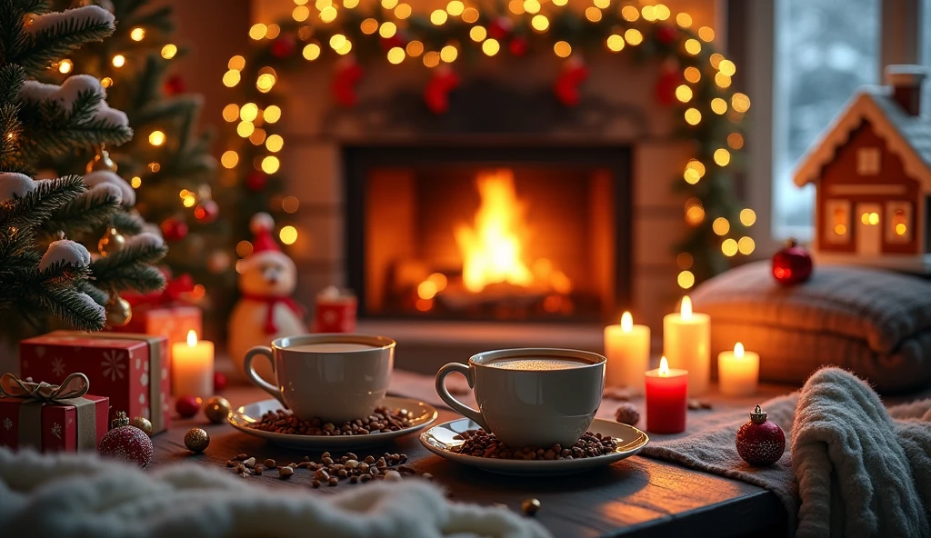 a cozy winter scene, mugs of hot coffee, intricate christmas ornaments, warm fireplace, twinkling string lights, snowy pine trees, gingerbread house, stacks of holiday presents, festive garlands, candles flickering, plush throw blankets, (best quality,4k,8k,highres,masterpiece:1.2),ultra-detailed,(realistic,photorealistic,photo-realistic:1.37),highly detailed,cinematic lighting,warm color palette,christmas aesthetic,holiday vibes,cozy and inviting