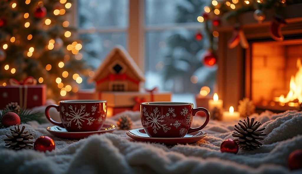 a cozy winter scene, mugs of hot coffee, intricate christmas ornaments, warm fireplace, twinkling string lights, snowy pine trees, gingerbread house, stacks of holiday presents, festive garlands, candles flickering, plush throw blankets, (best quality,4k,8k,highres,masterpiece:1.2),ultra-detailed,(realistic,photorealistic,photo-realistic:1.37),highly detailed,cinematic lighting,warm color palette,christmas aesthetic,holiday vibes,cozy and inviting