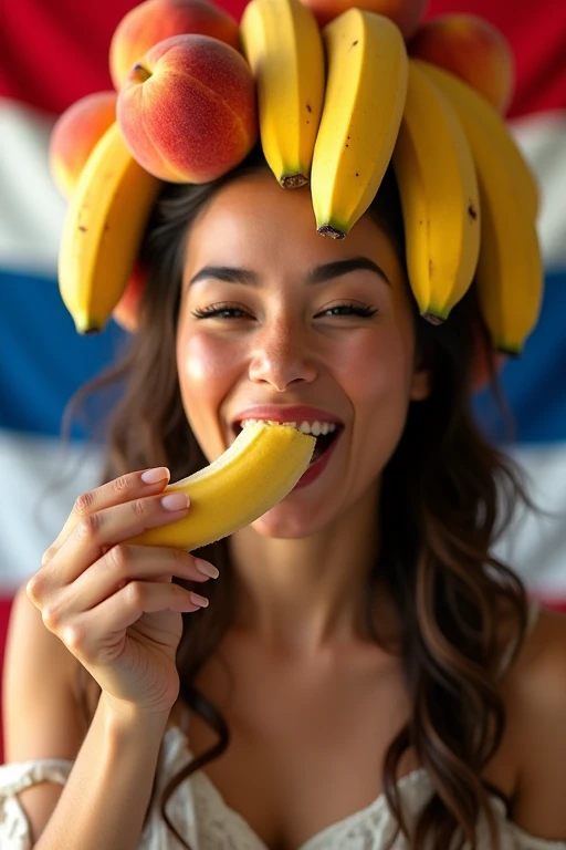 Clothed 30&#39;s、A very beautiful Costa Rican woman。Dressed in traditional American clothing。Facing forward、Open your mouth wide、With your right hand、She looks delicious eating the banana she is holding.、I bite into it with the skin on.。The expression is、Ecstatic expression、I feel a strong sense of ecstasy。With a smile、Both eyes are open。The head is peeled、Covered with several real bananas。There are a lot of peaches on and around the head.。There are bananas all around。Banana、There&#39;s just so much。The skin is、Hidden by clothes、Light clothing。There are bananas all around。Covered in bananas。Fully clothed。No tattoos。The background is the colors of the Costa Rican flag.。9:16 sizes。Highest quality、A masterpiece。