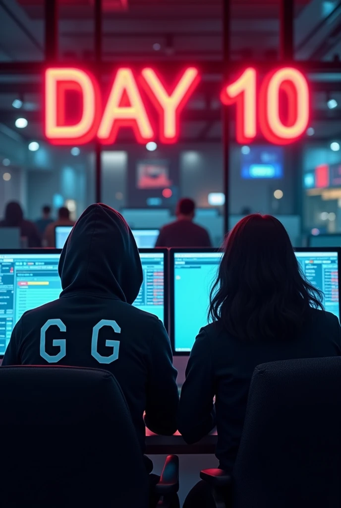 a man and woman sitting in trading room on money and working on trading application on his pc. face not visible must hoodie and his name "G G" written on the hoodie. Pic from back side pc monitor visible. And "Day 10" written on the wall with red neon light.