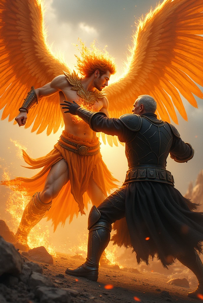 Fire male angel fight against and hits, kills, a old man with black golden armor and short orange hair, on the ruins ground, horror scene, brutality