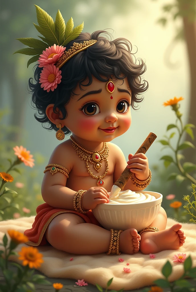 New born image of krishna with flute and eating yoghurt.