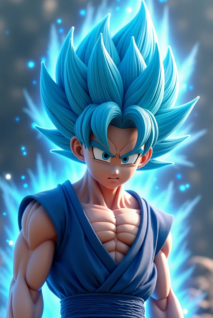 Goku's appearance is a Super Saiyan, blue hair, blue eyes, a muscular man, and long hair