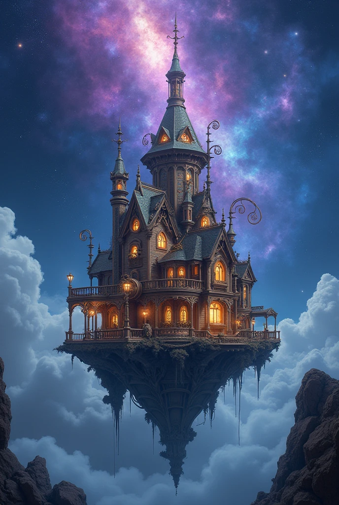 A giant crazy steampunk house in the astral plain. It had the ability to travel through the multiverse. It looks like it was made by a mad scientist. The astral plain looks like a blue space. The house is on a floating island. The house is surrounded by a blue and purple cosmo