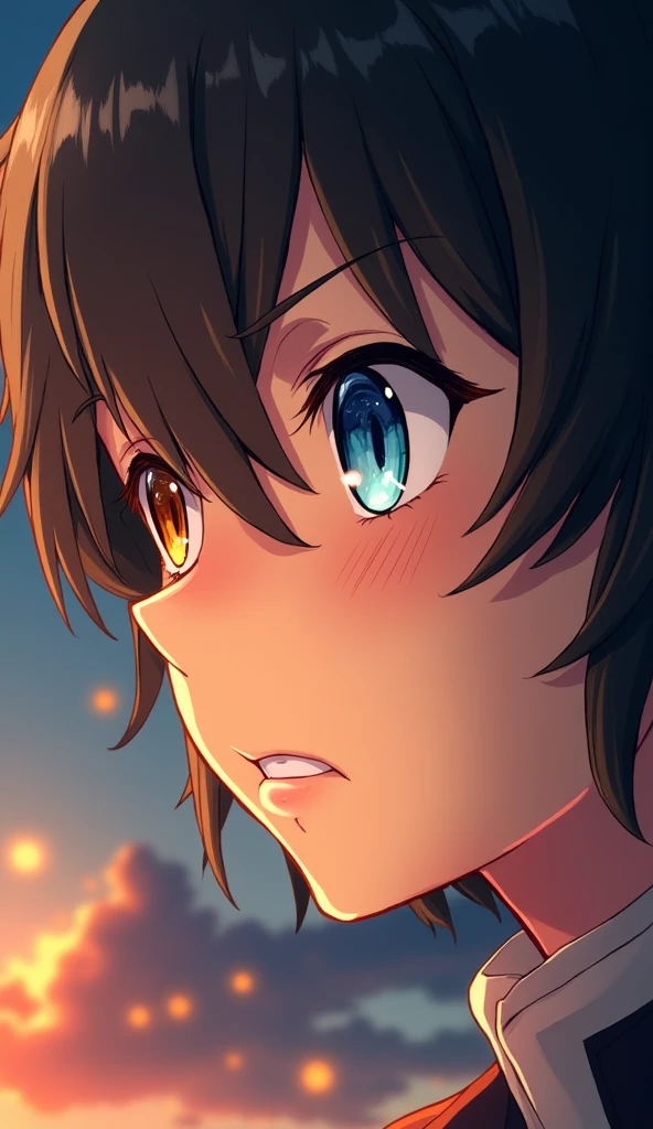 A highly detailed close-up digital illustration of an anime-style character's face, focusing on the eyes, nose, and part of the mouth. The character has large, expressive eyes with one eye being a striking amber hue and the other a sky blue with visible reflections and highlights. Their thick, dark, wavy hair partially frames the face, with strands falling over the forehead and temples, creating soft shadows and highlights. The skin tone is light with subtle freckles, visible scars, and scratches, particularly on the right cheek and forehead, suggesting previous conflict or battle. The nose is prominent, with a subtle highlight on the left side and a small, smooth, pinkish-beige protrusion. The lips are slightly parted, revealing a glimpse of teeth and gums. The character's expression is intense and focused, with a serious demeanor and eyes looking slightly to the left. The lighting is dramatic, featuring warm sunlight from the left side, casting strong shadows on the right side of the face and creating a high-contrast effect that emphasizes the texture of the skin and hair. Small glowing embers or sparks are visible in the midground, adding to the intensity and dramatic atmosphere. The background is blurred, featuring abstract shapes and colors, possibly suggesting a sunset or sunrise, with hints of blue and amber. This creates a mysterious setting. The overall mood is intense and emotional, enhanced by the high contrast, vivid saturation, and balanced exposure of the image. The color palette includes warm hues such as burnt orange, peach, and coral, contrasting with the cool grays and blacks, contributing to the dynamic and visually striking composition. The illustration has an anime-inspired style with highly detailed rendering, creating a realistic yet stylized appearance that emphasizes the character's emotional state and the dramatic lighting.