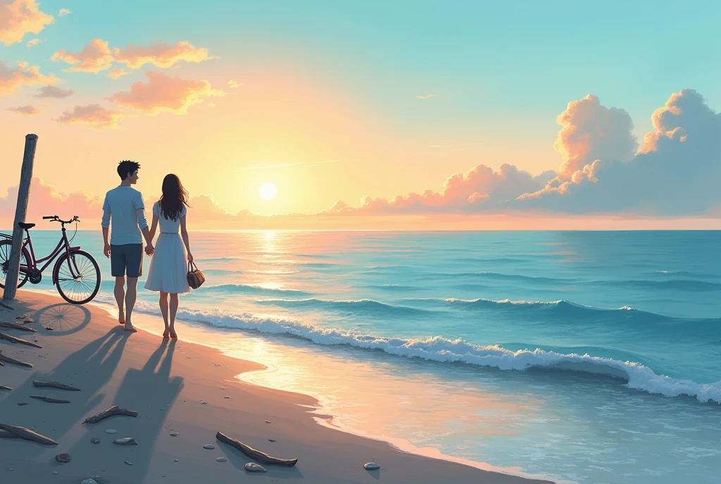Give me a soothing picture of a couple with cycle beside the seashore at the time of dawn