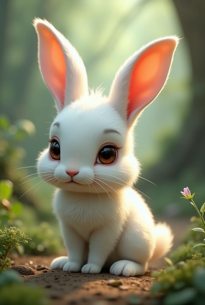 detailed white rabbit, ung child rabbit, cute, small, forest background, 10cm size, mythical world, (best quality,4k,8k,highres,masterpiece:1.2),ultra-detailed,(realistic,photorealistic,photo-realistic:1.37),hyper realistic, Disney