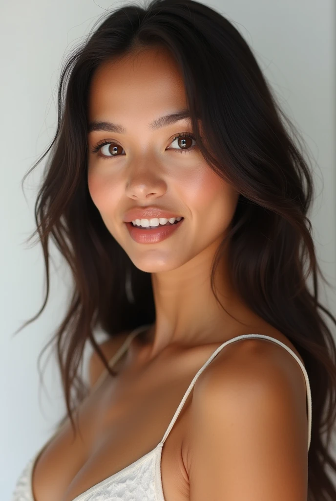 Realistic portrait of a beautiful 1 girl with Latin features, Lightly tanned white skin with a beautiful tan tone, Brown eyes, long dark hair. delicate facial features, Thin and thin lips with realistic texture, beautiful girl model body. regular well formed tits, detailed facial features. ultra realism, maximum resolution, masterpiece. extremely detailed skin, professional photography. white background in professional studio, Professional lighting that highlights the details, pores and skin textures.