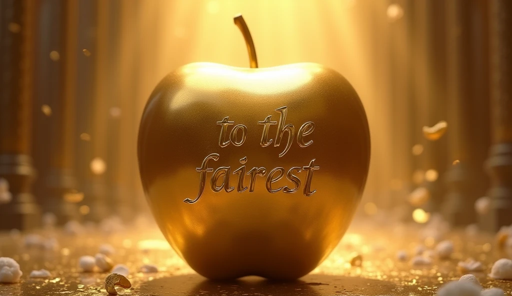 A big golden apple on which 'to the fairest' is written