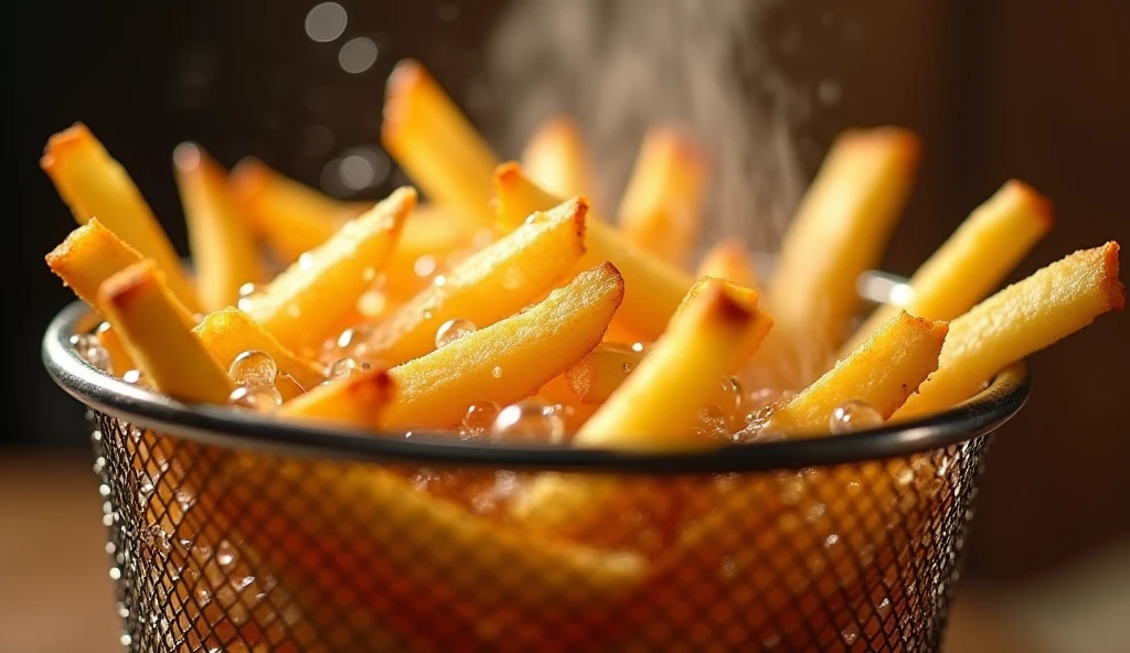 (masterpiece, best quality, ultra-detailed, photorealistic, cinematic lighting), A hyper-detailed, high-contrast, 8K HD image of golden french fries being deep-fried in hot oil, with each fry perfectly crisp and golden brown. The fries are submerged in the oil inside a metal basket, with bubbles and droplets of oil sparkling in the warm, inviting light. The focus is on the fries as they sizzle in the oil, capturing the appetizing texture and the moment of cooking. The background is slightly blurred to emphasize the fries, giving a sense of freshness and deliciousness. The image should evoke a sense of craving, highlighting the perfect golden color and the crispiness of the fries.