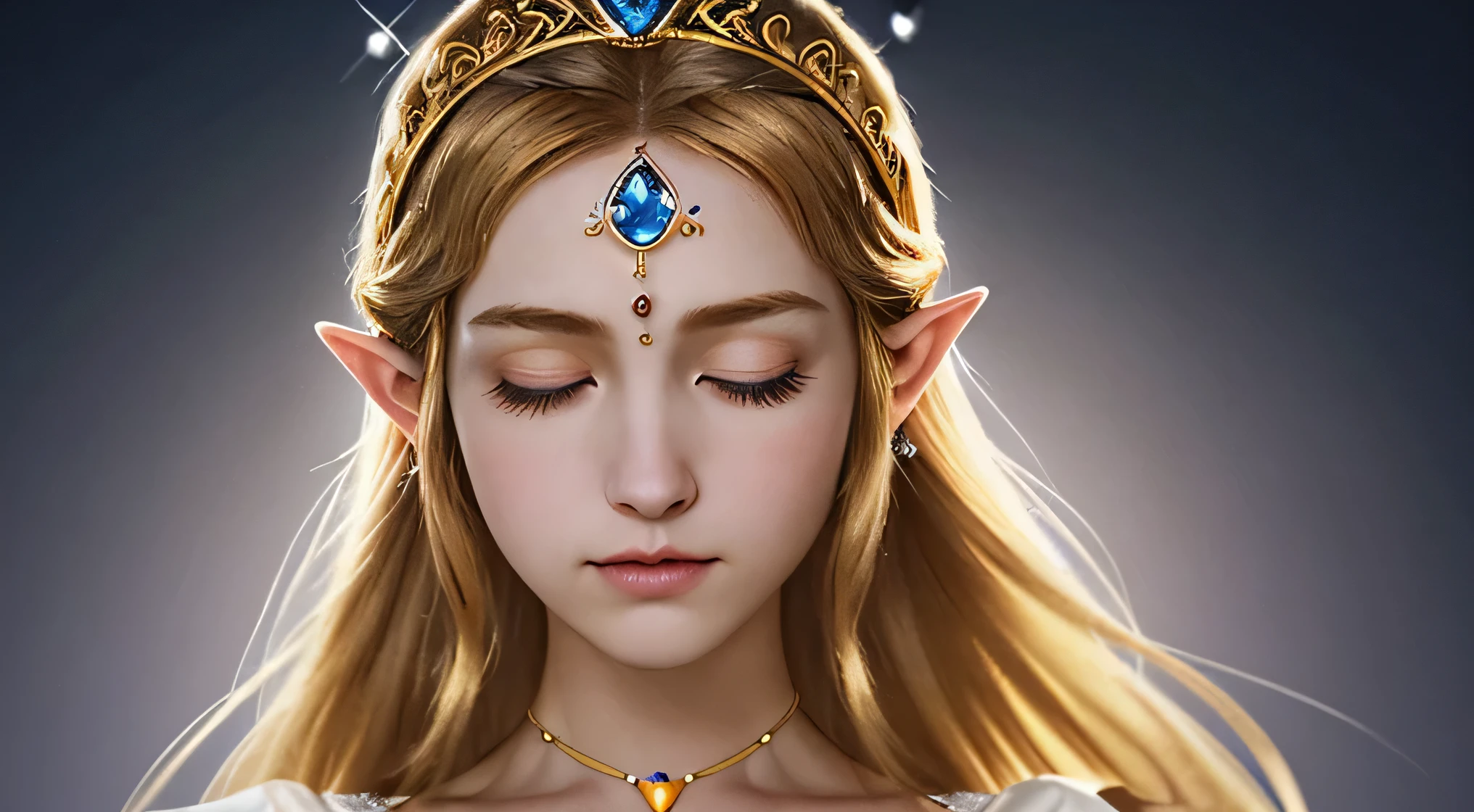 Delicate depiction of the upper body A delicate and detailed portrait of Princess Zelda from "The Legend of Zelda". Focus on the upper body and face. The dress is predominantly white, with intricate golden embroidery on the collar and bodice forming the Triforce symbol and other ancient patterns. Her long golden hair cascades down her shoulders and frames her face perfectly. A delicate tiara rests gently on her forehead, studded with tiny sparkling gems that catch the light. Deep blue eyes. Eyes closed, hands clasped in front of chest, dark room, background barely visible with strong blur