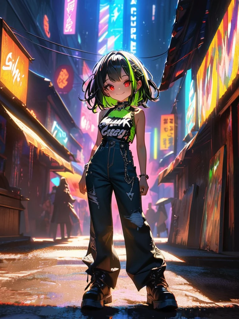 1 person, chromatic aberration, Written boundary depth, Soft Light, masterpiece, Highest quality, complicated, Tone Mapping, A place where fireworks are set off at festivals. Concept Art, Smooth, Clear focus, Dramatic lighting, Very cinematic, super practical painting, アートステーション's trending, 8k, Incredible Shadows, practical, whole body, View, Viewers, Portrait of a Girl 1, standing on street corner, Heavy rain and lightning、Dark Sky, neon and cyber punk background, she is dressed in punk clothing with silver chains and silver spikes, Her hair was dyed a bright black color..........Ominous aura of light, smile, punk, ciber punk, Backlight.Fashionable clothes、Friendly dress code:Stylish green sleeveless denim style.My breasts are a little big.Beautiful red eyes
