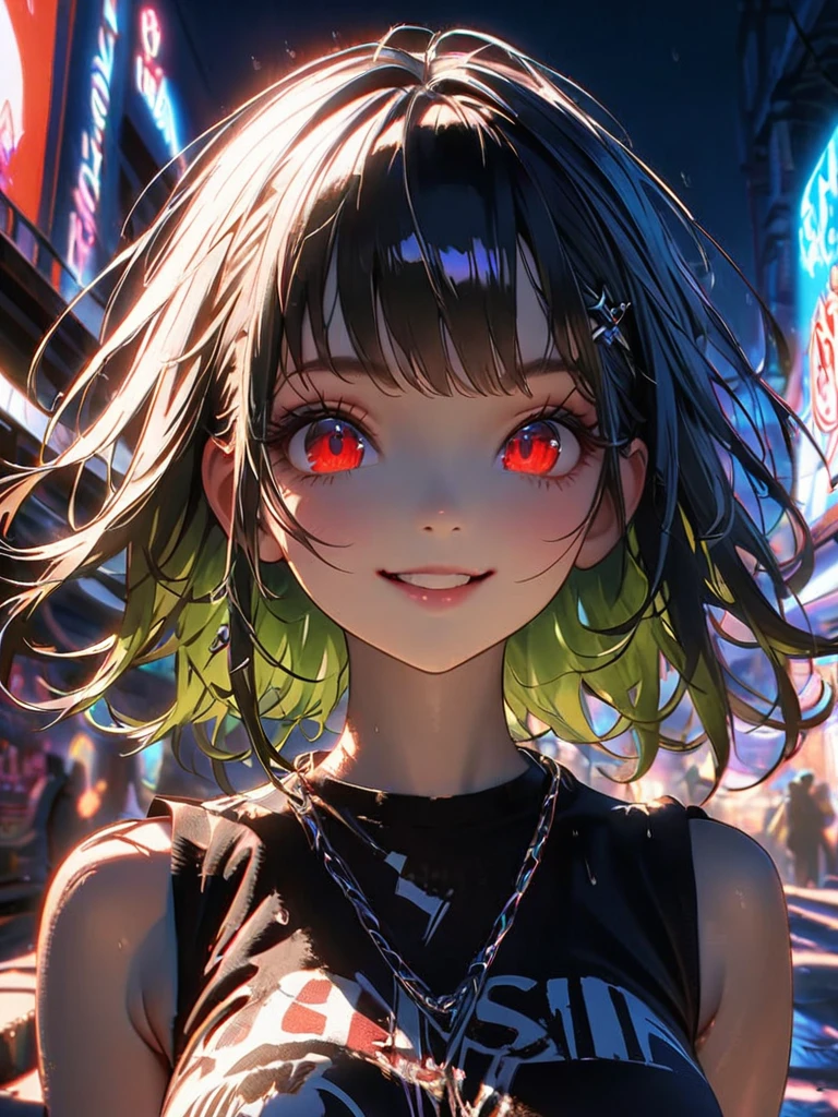 1 person, chromatic aberration, Written boundary depth, Soft Light, masterpiece, Highest quality, complicated, Tone Mapping, A place where fireworks are set off at festivals. Concept Art, Smooth, Clear focus, Dramatic lighting, Very cinematic, super practical painting, アートステーション's trending, 8k, Incredible Shadows, practical, whole body, View, Viewers, Portrait of a Girl 1, standing on street corner, Heavy rain and lightning、Dark Sky, neon and cyber punk background, she is dressed in punk clothing with silver chains and silver spikes, Her hair was dyed a bright black color..........Ominous aura of light, smile, punk, ciber punk, Backlight.Fashionable clothes、Friendly dress code:Stylish green sleeveless denim style.My breasts are a little big.Beautiful red eyes