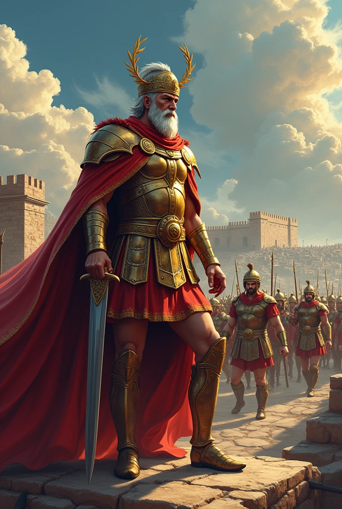 king of Mycenae, Ancient Greece, bronze armor with red vestments, crown of apollo, ((anime styling)), leading an army over the walls to protect your city, using sword and shield.