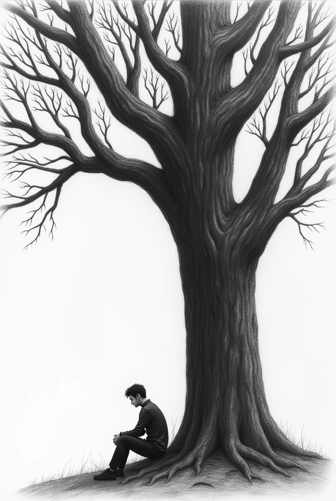 a man alone in profile, sad under a tree sitting on the base of the trunk, The tree is colossal with many branches, and with few leaves, Sentimental, HD, melancholic , pencil drawing