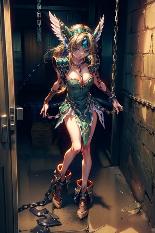 (masterpiece, Highest quality:1.2), Cowboy Shot, alone, one person, Riesz,  View your viewers,, Long hair tied low, Winged Helmet,green dress, armor, shoulder armor, Bridal Gauntlet, Cleavage,(In a prison with iron bars:1.4),(The whole body is restrained with chains:1.8)