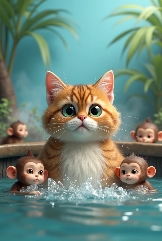 Render a whimsical scene featuring a chubby tabby cat sitting comfortably in a hot spring, surrounded by a group of playful monkeys bathing in the warm water. The cat's piercing green eyes are large and expressive, capturing attention instantly. Its soft, fluffy fur is intricately detailed, with each strand adding to the realistic texture of its coat. The monkeys are small and endearing, lounging and splashing playfully amidst the steam rising gently from the hot spring water. The blue background provides a tranquil and serene environment, contrasting with the lively atmosphere created by the cats' and monkeys' actions. Focus on the textures, expressions, and poses to create a lifelike and inviting visual experience. the splashed water form the words ''Buzz for my babies'' in mid air