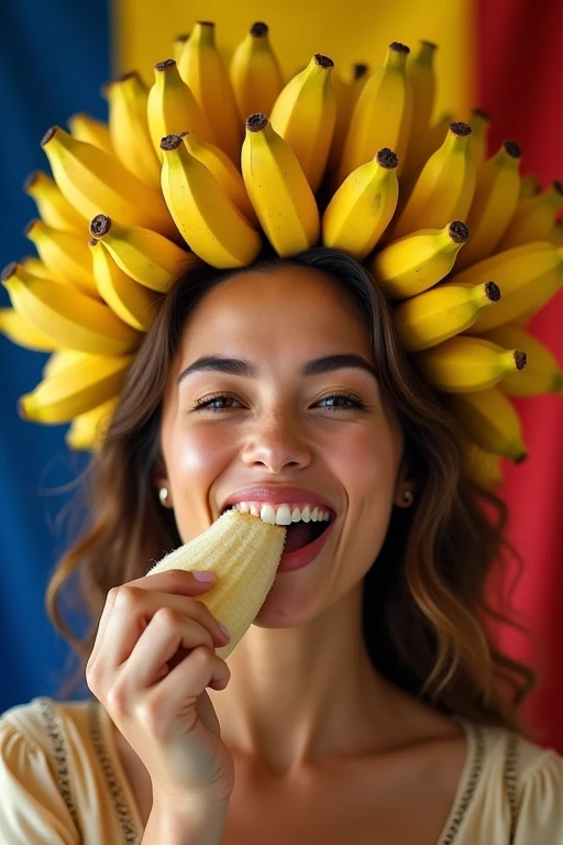 Clothed 30&#39;s、A very beautiful Costa Rican woman。Dressed in traditional American clothing。Facing forward、Open your mouth wide、With your right hand、She looks delicious eating the banana she is holding.、I bite into it with the skin on.。The expression is、Ecstatic expression、I feel a strong sense of ecstasy。With a smile、Both eyes are open。The head is peeled、Covered with several real bananas。頭とその周辺にBananaたくさんある。There are bananas all around。Banana、There&#39;s just so much。The skin is、Hidden by clothes、Light clothing。There are bananas all around。Covered in bananas。Fully clothed。No tattoos。The background is the colors of the Costa Rican flag.。9:16 sizes。Highest quality、A masterpiece。