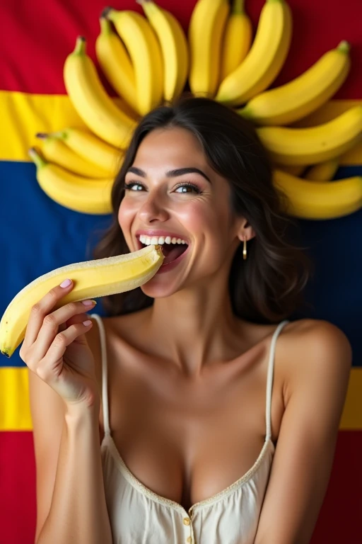 Clothed 30&#39;s、A very beautiful Costa Rican woman。Dressed in traditional American clothing。Facing forward、Open your mouth wide、With your right hand、She looks delicious eating the banana she is holding.、I bite into it with the skin on.。The expression is、Ecstatic expression、I feel a strong sense of ecstasy。With a smile、Both eyes are open。The head is peeled、Covered with several real bananas。頭とその周辺にBananaたくさんある。There are bananas all around。Banana、There&#39;s just so much。The skin is、Hidden by clothes、Light clothing。There are bananas all around。Covered in bananas。Fully clothed。No tattoos。The background is the colors of the Costa Rican flag.。9:16 sizes。Highest quality、A masterpiece。