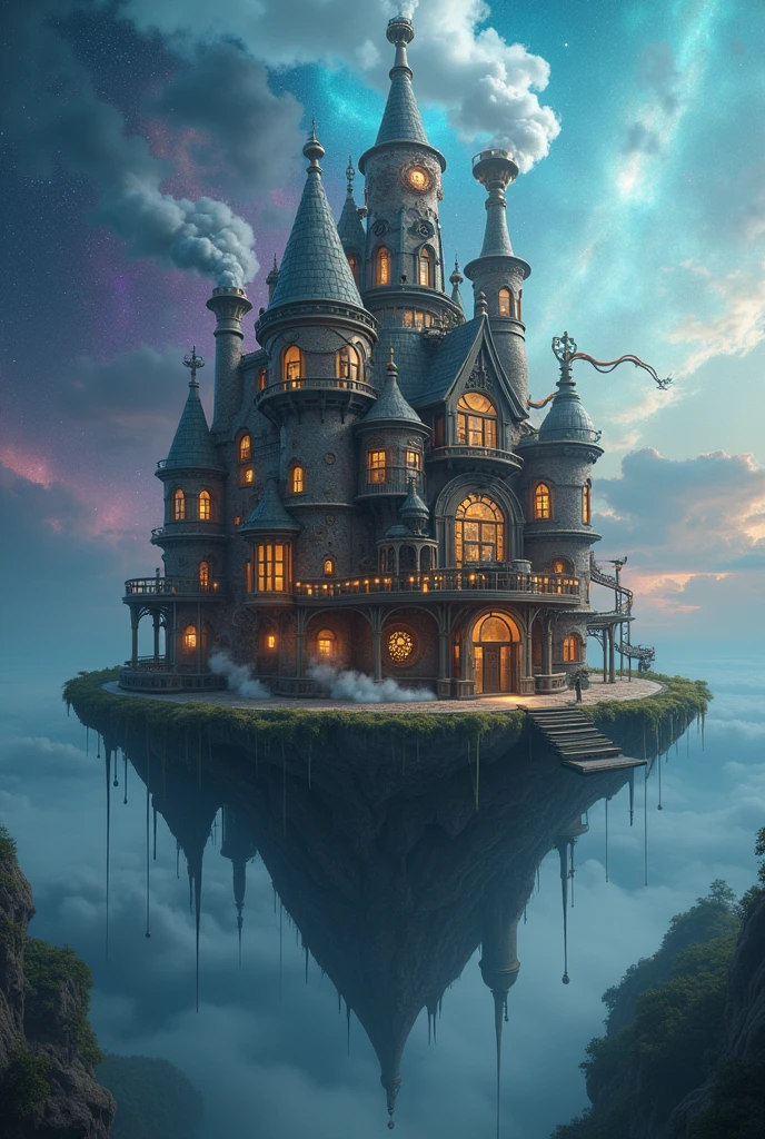 A giant crazy steampunk house in the astral plain. It had the ability to travel through the multiverse. It looks like it was made by a mad scientist. The astral plain looks like a blue space. The house is on a floating island. The house is completely surrounded by a blue and purple cosmo