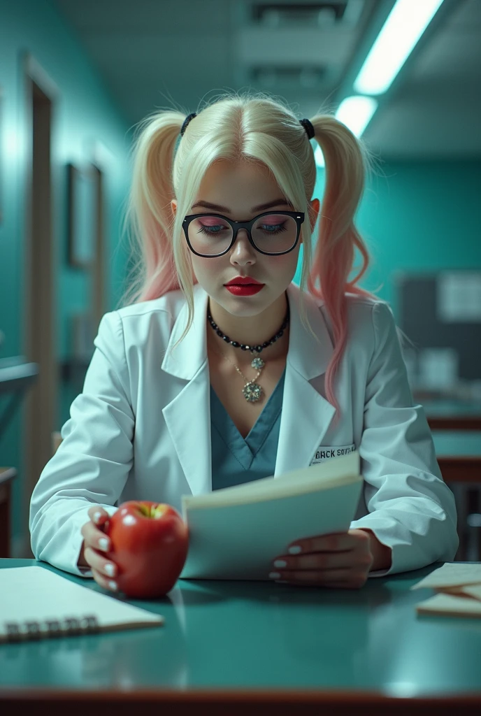 Cinematic image of Harley Quinn with prescription glasses and a white doctor's coat, she is sitting at the hospital table with a file in her hand and eating an apple and is wearing high heels