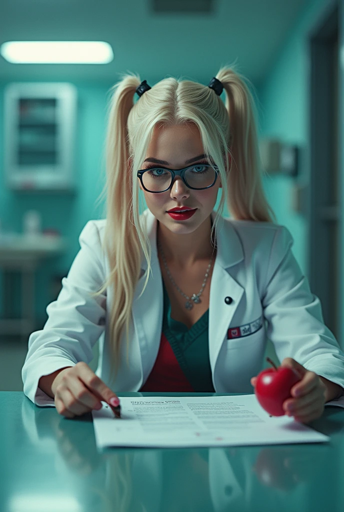 Cinematic image of Harley Quinn with prescription glasses and a white doctor's coat, she is sitting at the hospital table with a file in her hand and eating an apple and is wearing high heels