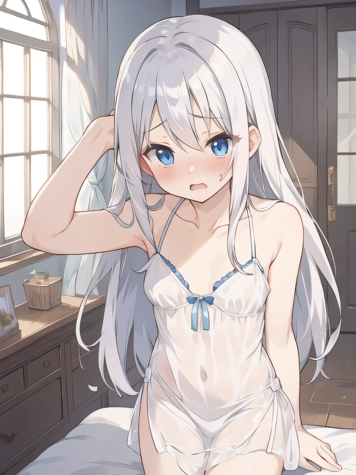 cute girl, anime, silver hair, straight hair, Blue eyes, indoor, negligee, small bust, (o-face:1.1), (shy:1.2), orgasm