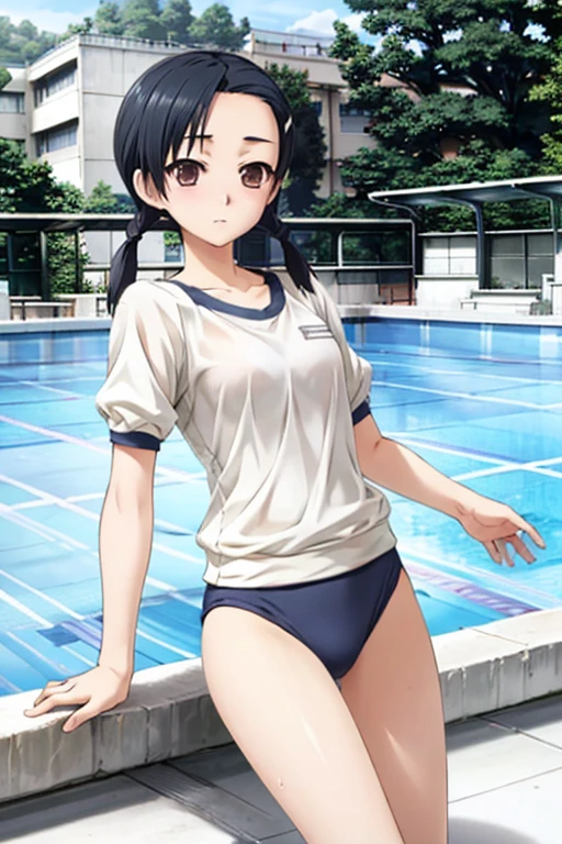 kuranaga kozue, twintails, hairclip Gym uniforms that are transparent in water　Wet school swimsuit　School swimming pool　fell into the pool　water droplets　