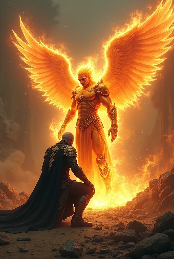 Fire male angel fight against and hits, kills, a old man with black golden armor, old man short orange hair, old man on knees, on the ruins ground, horror scene, brutality