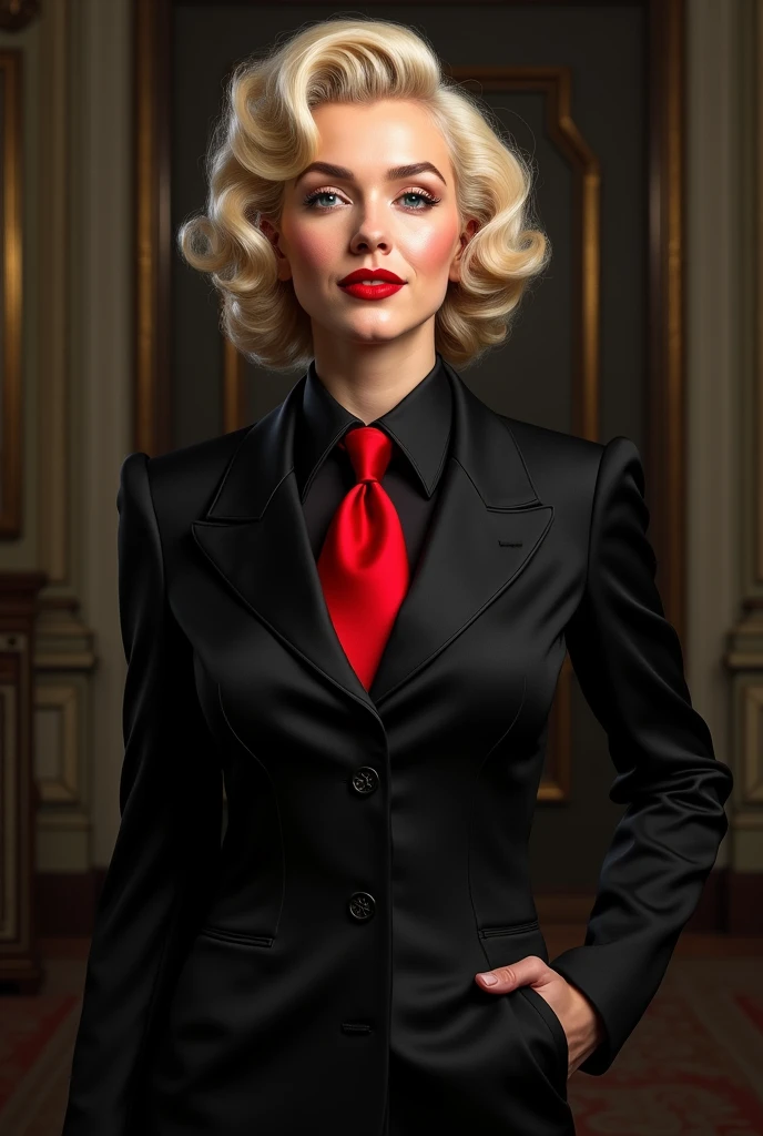 Marilyn Monroe in a classic black suit and black vest, wearing a red tie