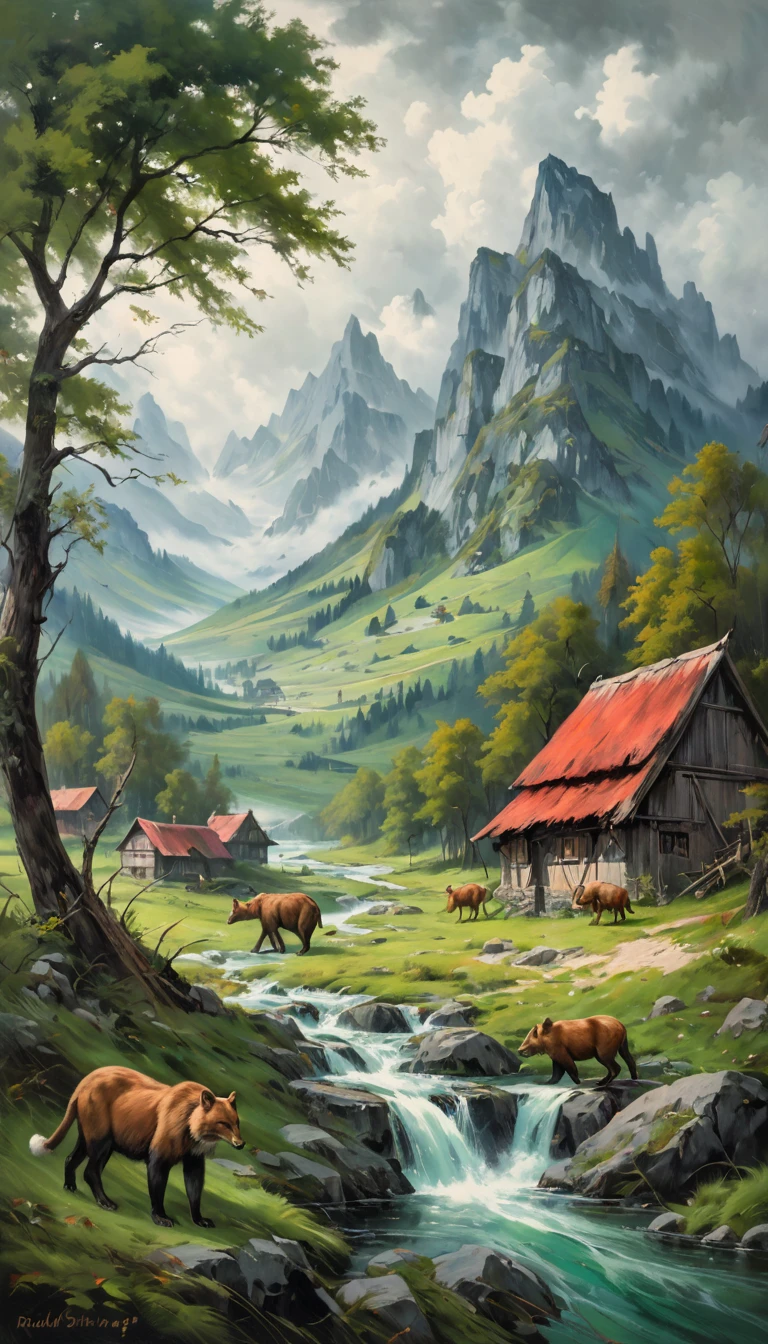 artist by Rudolf Stingel,inside the village,wild animals,light tones,(smooth strokes),fine sketches,Vivid,Moody,Landscapes,Fantasy,Dark,landscape oil painting, red and green colors