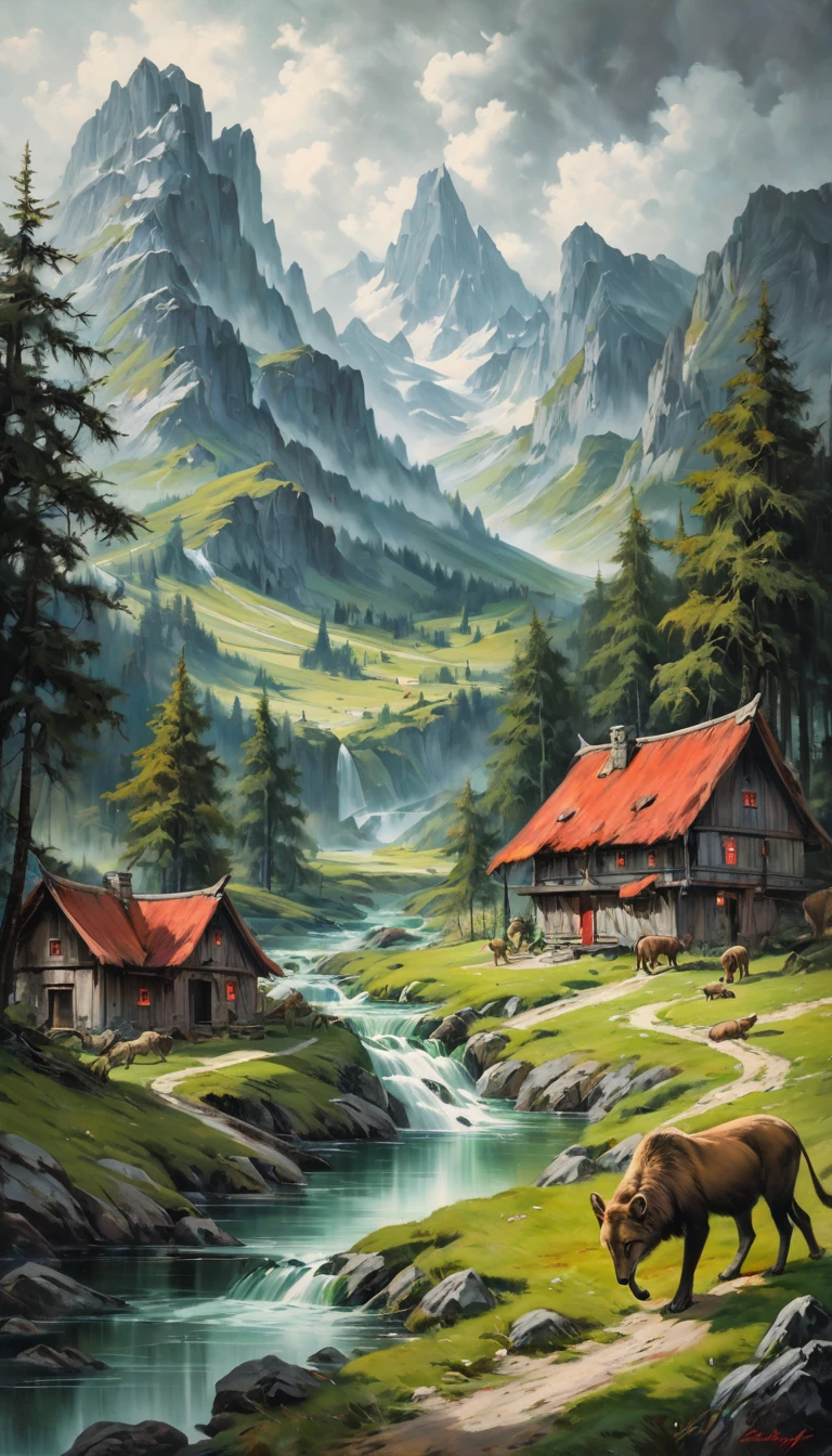 artist by Rudolf Stingel,inside the village,wild animals,light tones,(smooth strokes),fine sketches,Vivid,Moody,Landscapes,Fantasy,Dark,landscape oil painting, red and green colors