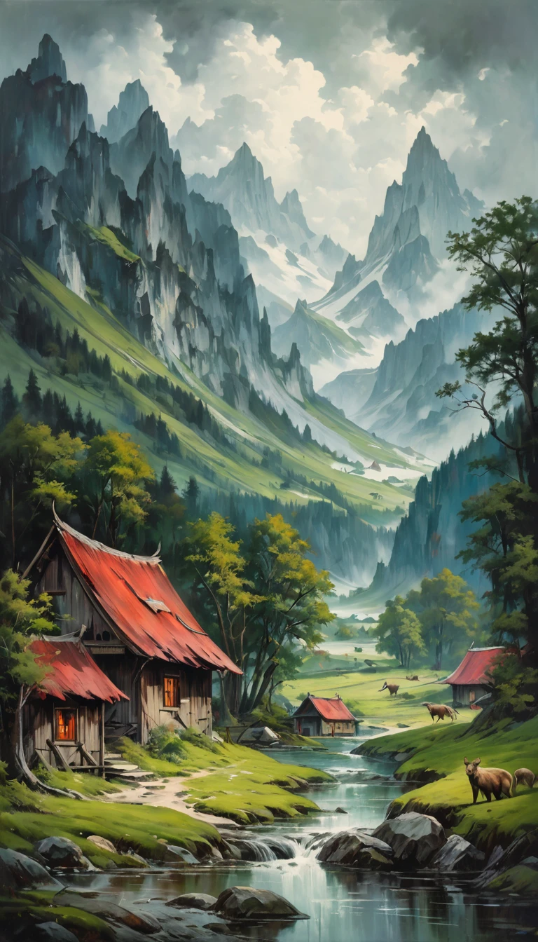 artist by Rudolf Stingel,inside the village,wild animals,light tones,(smooth strokes),fine sketches,Vivid,Moody,Landscapes,Fantasy,Dark,landscape oil painting, red and green colors