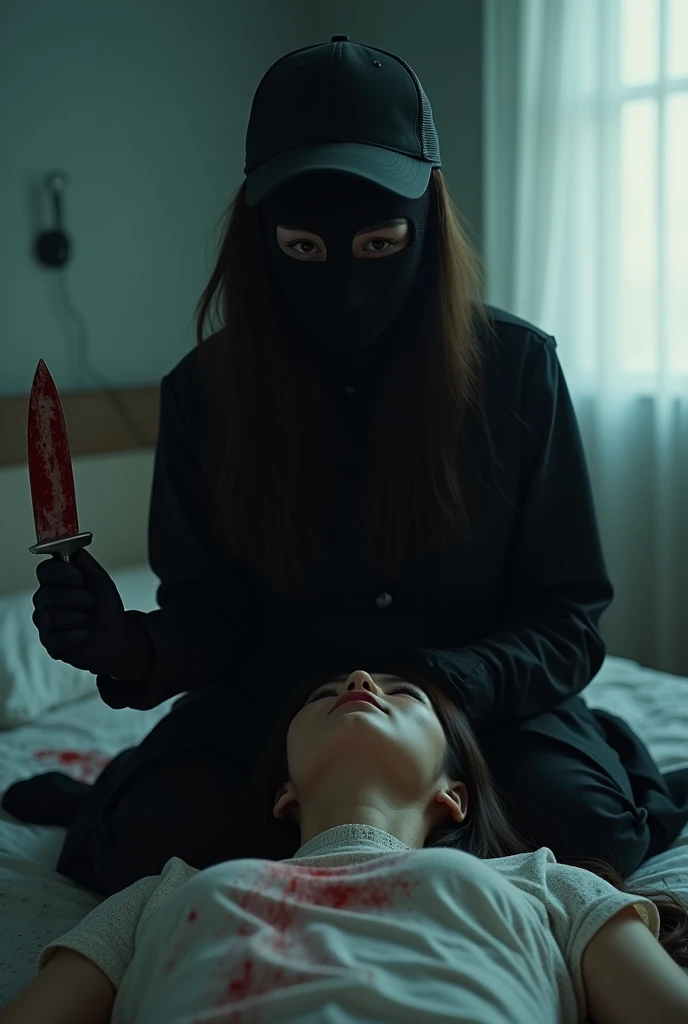 korean girl, (behind stiff, holding knife), stabbing, black balaclava mask, black gloves, girl's room, black raincoat, trucker hat, bloody knife, black gloves, woman on top, behind cadaver, blood splatter, on the bed, looking at viewer, mass murderer, killer, blood splatter, dark atmosphere, cinematic lighting, atmospheric realistic, light from the window, close-up,
