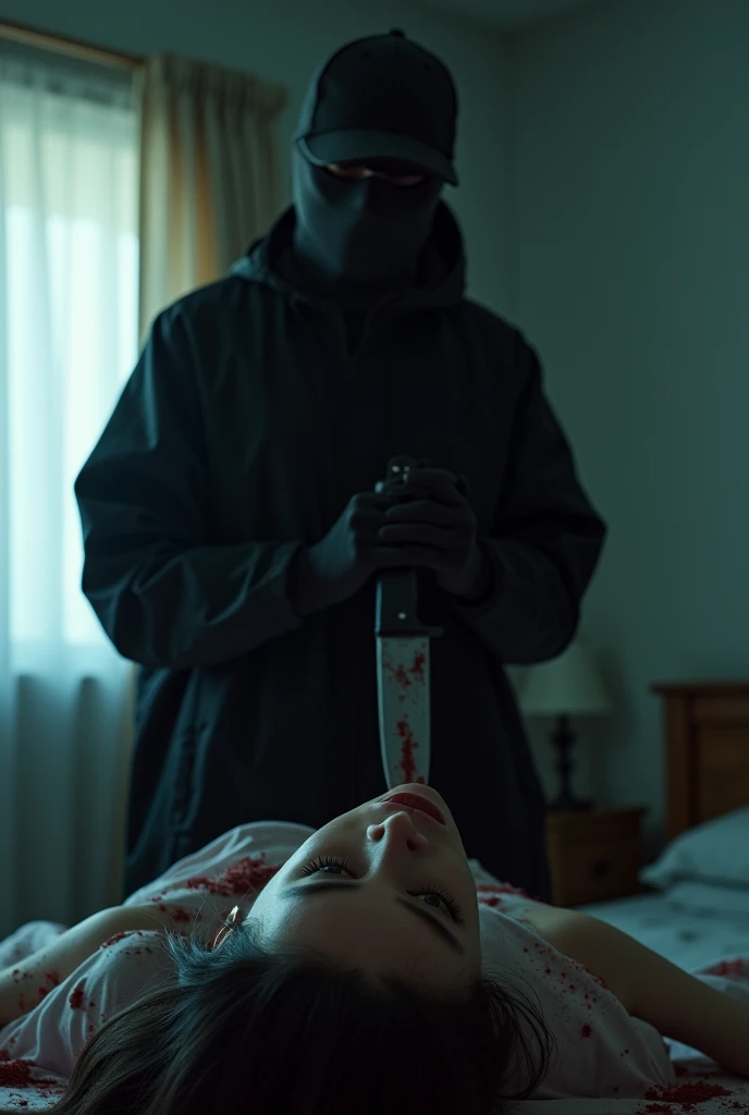 korean girl, (behind stiff, holding knife), stabbing, black balaclava mask, black gloves, girl's room, black raincoat, trucker hat, bloody knife, black gloves, woman on top, behind cadaver, blood splatter, on the bed, looking at viewer, mass murderer, killer, blood splatter, dark atmosphere, cinematic lighting, atmospheric realistic, light from the window, close-up,