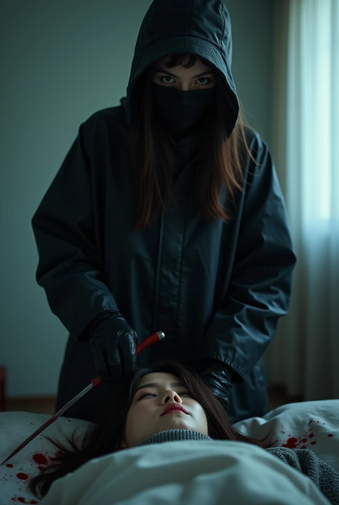 korean girl, (behind stiff, holding knife), stabbing, black balaclava mask, black gloves, girl's room, black raincoat, trucker hat, bloody knife, black gloves, woman on top, behind cadaver, blood splatter, on the bed, looking at viewer, mass murderer, killer, blood splatter, dark atmosphere, cinematic lighting, atmospheric realistic, light from the window, close-up,
