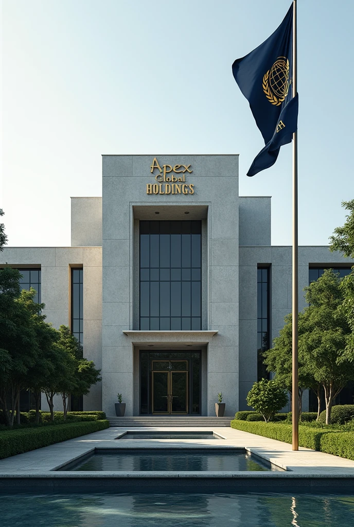 Create an embassy with American architecture and a concrete written Apex Global Holdings Embassy where is the writing I want it to be on it's own compound maintain the same image but give the full view.Mantain the same image don't change anything but replace the flag with,A flagpole stands to the right of the main entrance, positioned near the koi pond. The flag of Apex Global Holdings is flying atop it, featuring a deep navy blue background with a golden emblem at the center. The emblem is a globe encircled by olive branches, symbolizing peace and global reach, with the letters "AGH" elegantly inscribed at the bottom of the globe in a bold, modern font.