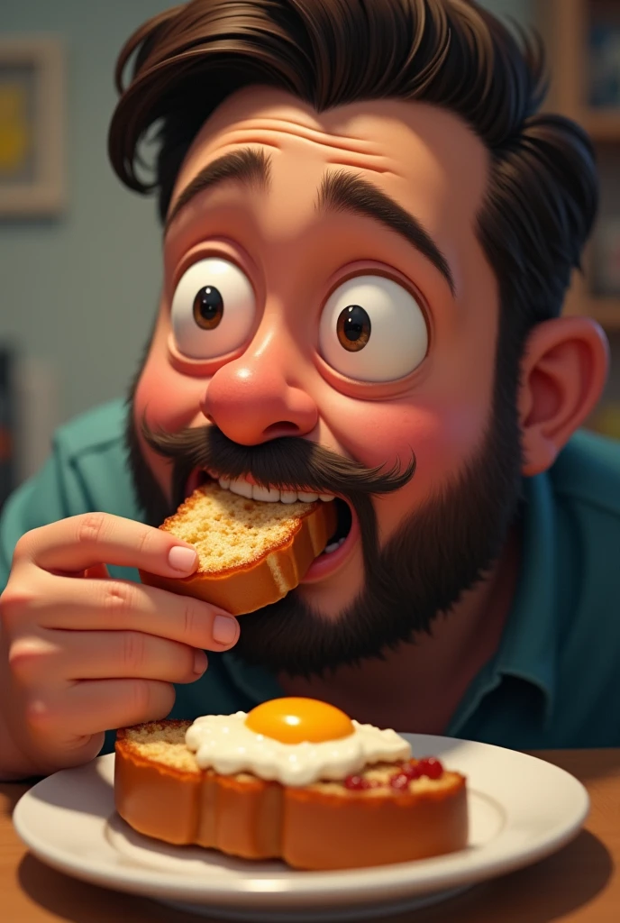 The husband’s face shows playful shock and amusement as he realizes he is eating leftovers. His eyes widen, and he pauses mid-bite, but there’s a smile creeping onto his face as he finds the situation funny