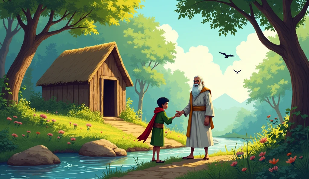 Here’s the updated prompt for number 6 with added background details:

6. **Sage Bhaskar welcoming Arav**: Comic style. **Arav**, bows respectfully as Sage Bhaskar greets him in front of the simple wooden hut. The clearing is peaceful, surrounded by tall trees with sunlight filtering through the leaves, creating a warm, golden light. The stream in the background flows gently, and there are a few wildflowers blooming near the hut, adding to the serene atmosphere. Arav's expression is a mix of respect and curiosity. He’s dressed in his green cloak, with the red scarf clearly visible. The sage, with his long white beard and blue eyes, gestures for Arav to enter, his white robes flowing gently in the breeze. In the distance, a few birds are flying across the sky, enhancing the tranquility of the scene.