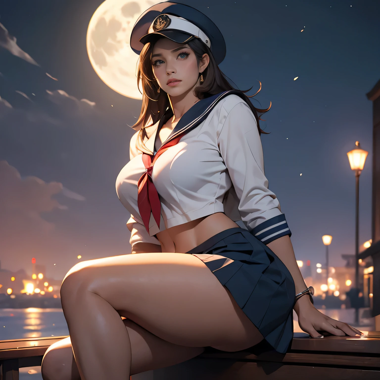 1 woman, Pretty Caucasian (female), Sarah Shahi, a slim but muscular body, huge , dark brown messy hair, blue eyes, (RAW photo), (Realistic), (photo-realistic), ultra high resolution, masterpiece, highest quality, wearing a sailor uniform, ultra miniskirt, sailors cap, sexy ths, exposed beautiful thighs, exposed large cleavage, ast, sitting ont, in style of artgerm, moon shining, cosplay, a sexy sailor, , award - wing photo, lunar cycles, photo realistic, 8k vibrant colors