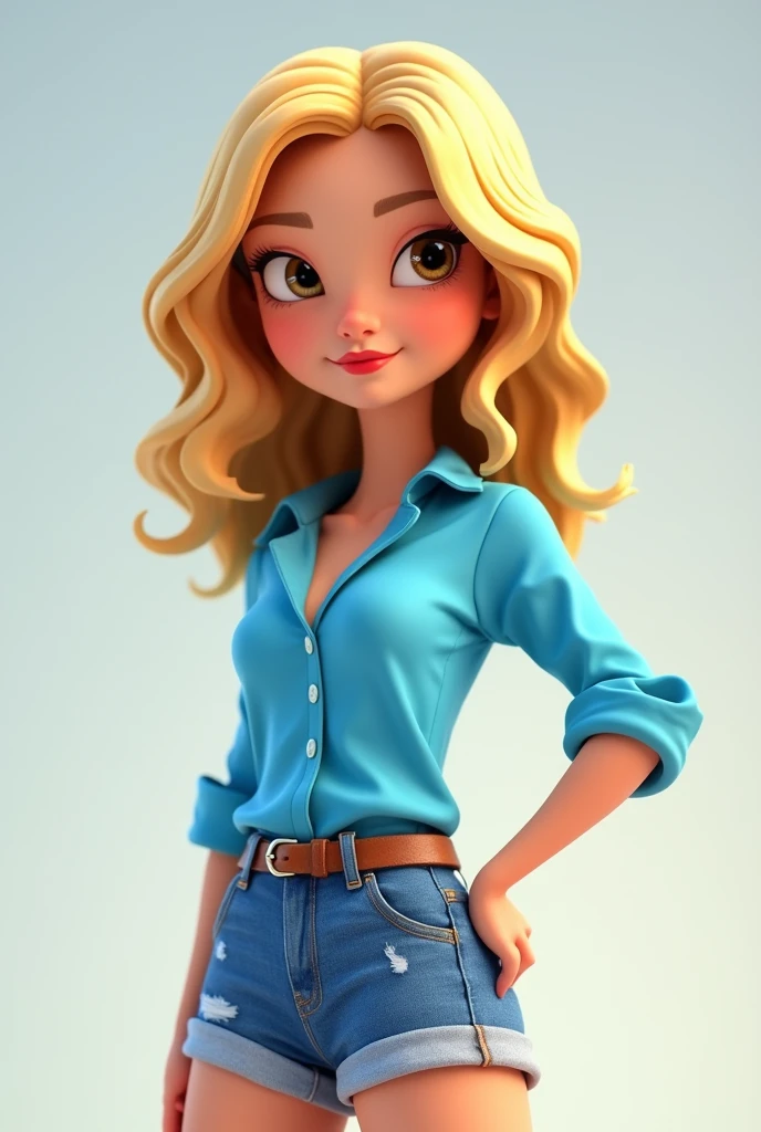 Pixar 3D-style draw a blonde with medium hair, with a blue blouse and denim shorts , full and red lips, brown eyes and hand on waist