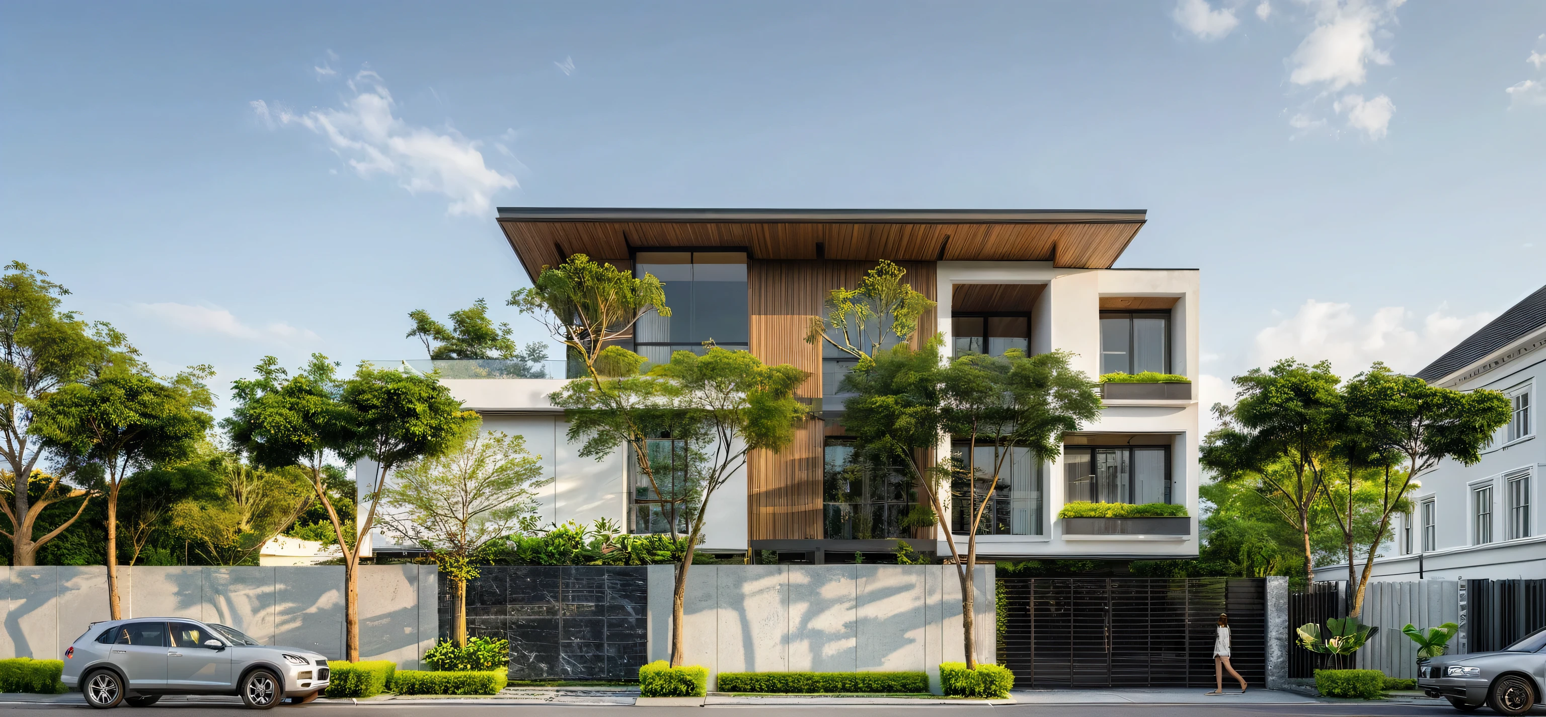 modern villa on street, (daylight), tropical tree, green shrub and plants, vivid color, streetcapes, minimalist design, brigth grey tone, large glass door, warm interior lighting, modern material, best quality, ultra realistic, masterpiece, 17ArchiAI_XL_VL-v1